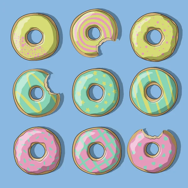 Sarı, pembe ve yeşil mavi bir arka plan üzerinde renkli tatlı çörek çizimi