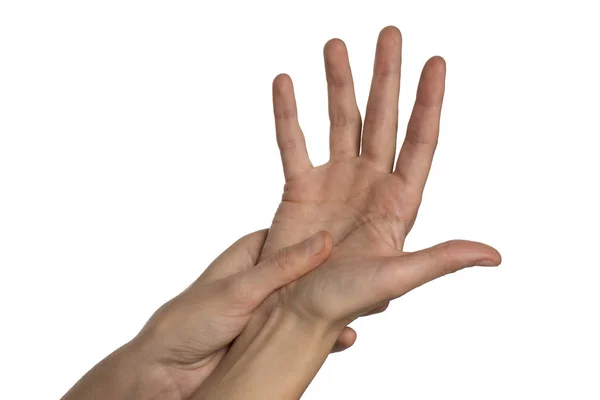 Dor na mão e na palma da mão sobre um fundo branco — Fotografia de Stock