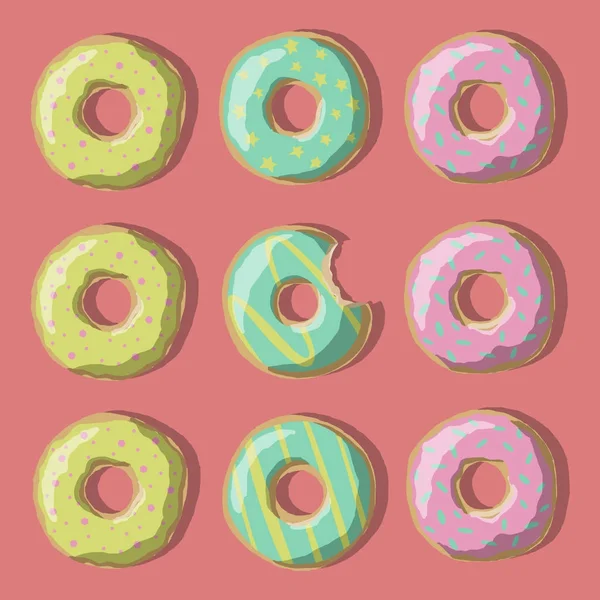 Illustration of sweet donuts of yellow, pink and green on a red background