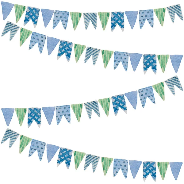 Beautiful and cheerful flags or pennants painted in watercolor o — Stock Photo, Image