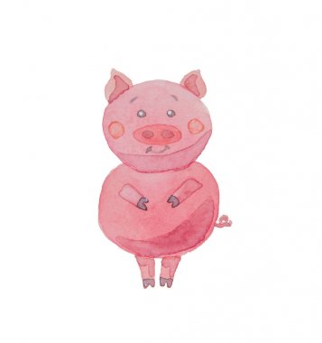 Beyaz bir arka plan üzerine mutlu domuz çizilmiş suluboya