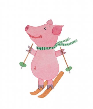 Sopa ile sulu boya boyalı kışın kayak mutlu domuz rides 