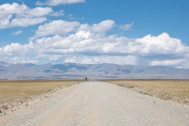 Yaban hayatı Altay. Yol, dağlar ve gökyüzü summe bulutlarda ile