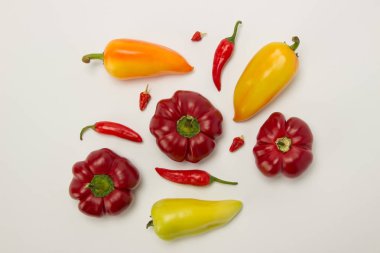 Birkaç Olgun tatlı ve sıcak biber kırmızı ve turuncu bir beyaz 