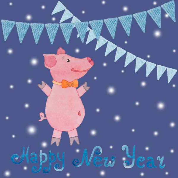 Новорічна листівка з символом року свиня і прапори намальовані в — стокове фото