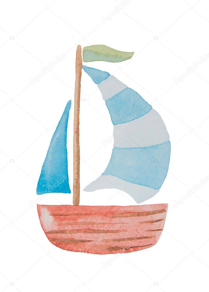 Beautiful ship with sails on a white background painted in water