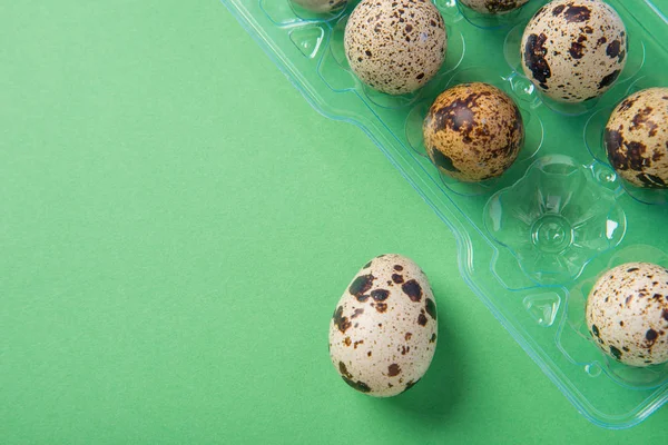 Красиві плямисті свіжі перепелині яйця на зеленому паперовому фоні — стокове фото