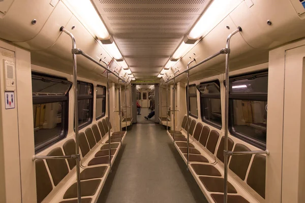 Photo inside the subway train with confused seats without passen Stock Picture