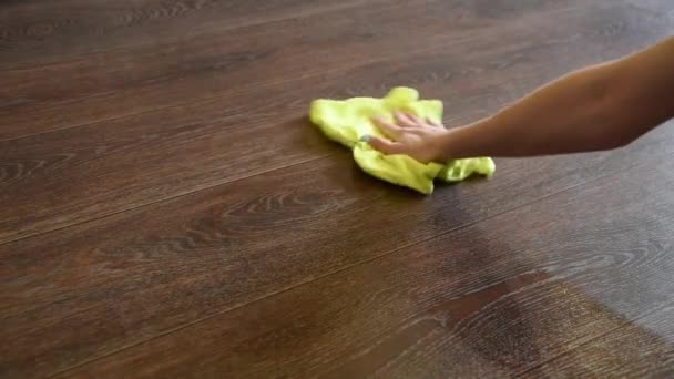 Mujer Trae Orden Limpieza Limpia Suelo Casa Con Trapo Amarillo — Vídeo de stock