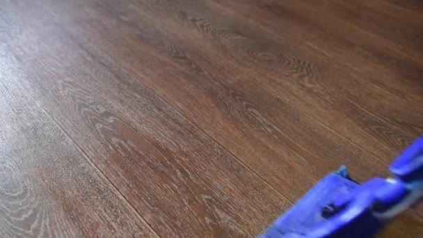 一个女人用蓝色拖把洗房子的地板 — 图库视频影像