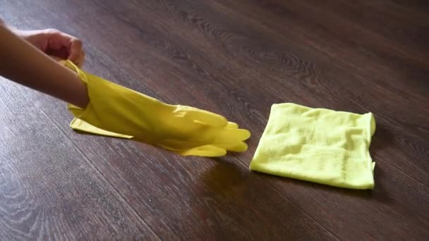 Woman Rubber Gloves Washes Floor House Yellow Rag — Stock Video