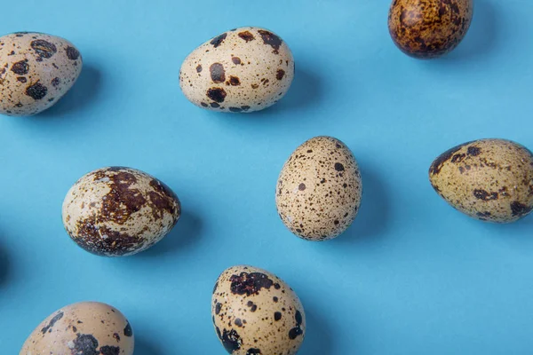 Красиві плямисті свіжі перепелині яйця на синьому паперовому фоні — стокове фото