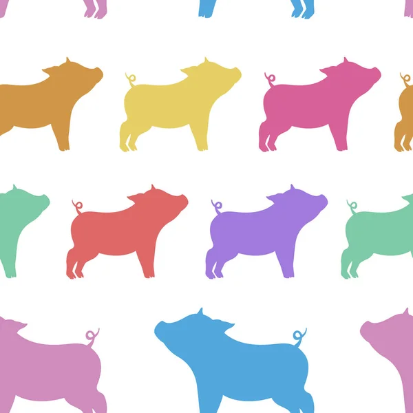 Kühles, nahtloses Muster aus Silhouetten von Schweinen unterschiedlicher Färbung — Stockvektor