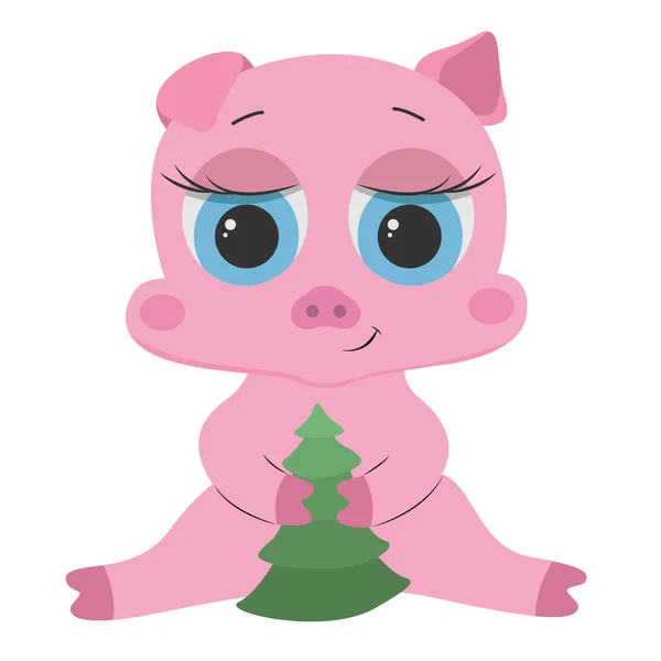 Ein kleines Schwein mit großen Augen und einem Weihnachtsbaum in den Pfoten — Stockvektor
