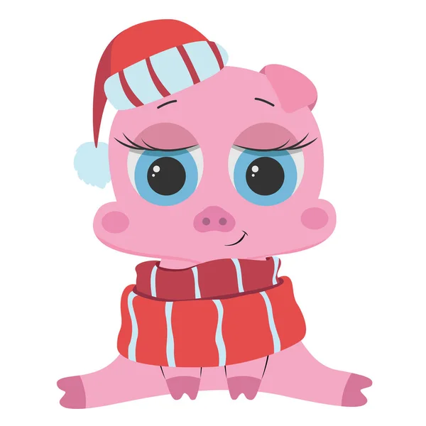 Süße schöne Schweinchen mit großen Augen sitzen in einem neuen Jahr Hut ein — Stockvektor