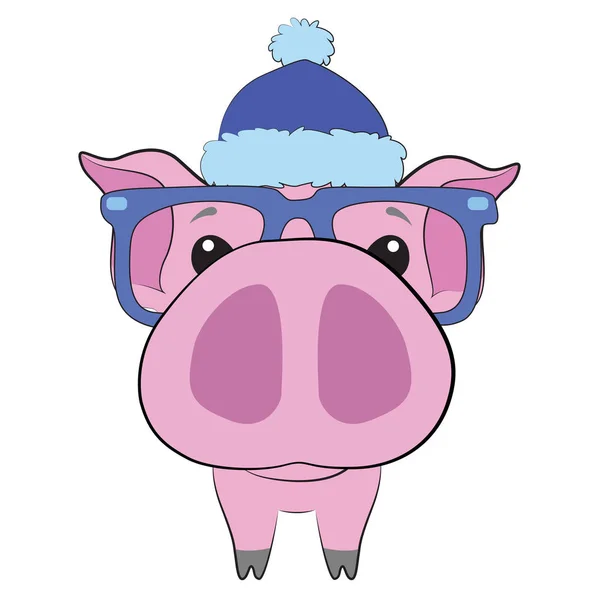 Cute pig with big nose, glasses and hat on white background — Stock Vector
