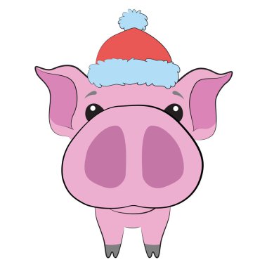 Sevimli güzel pembe domuz koca burun ve beyaz arka plan üzerinde kırmızı bir Noel şapka