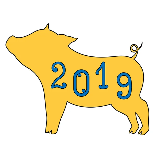 美しいシルエットのブタ黄色と番号 2019 新年を — ストックベクタ
