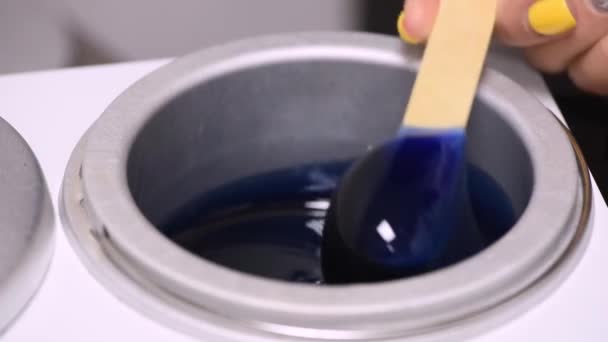 Preparation Blue Wax Shugaring Closeup Depilation Wax Wooden Stick Holding — ストック動画
