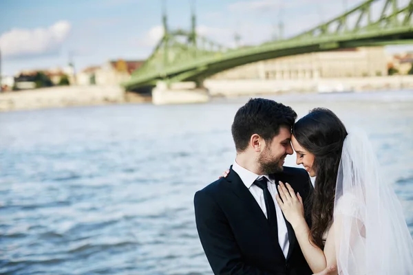 Casal atraente em pé perto do rio — Fotografia de Stock