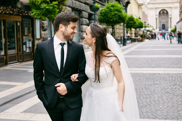 Happy couple on old street