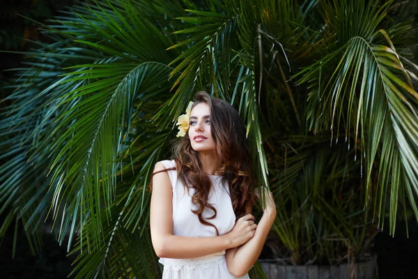 Noiva com cabelo encaracolado no vestido de noiva — Fotografia de Stock