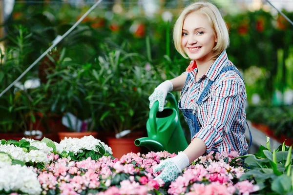 Nainen kukkakauppa kastelu kukkia — kuvapankkivalokuva