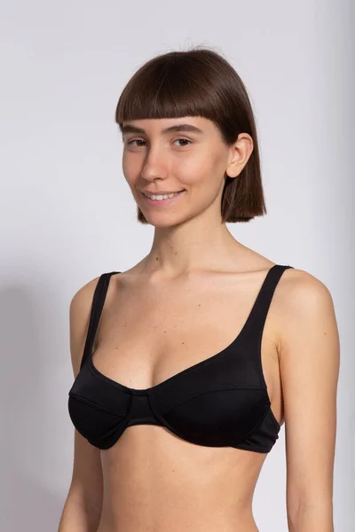 Bonito Menina Retrato Sorrindo Para Câmera Lingerie Preta Modelo Teste — Fotografia de Stock