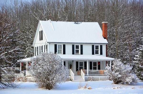 Karla kaplı ağaçlarla kaplı kışlık ev