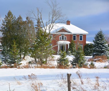 Karlı ve ağaçlı kışlık ev