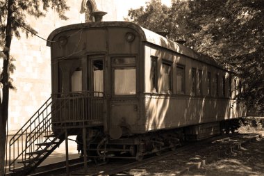 GORI, GEORGIA, 09 12 2019: Kişisel zırhlı Stalin 'in tren vagonu Joseph Stalin' in doğduğu yer olan Gori, Georgia 'daki müzesinde.