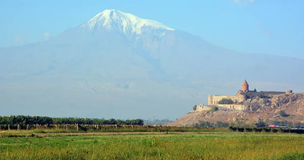 ARARAT PLANE ARMENIA 09 16 2019: Khor Virap is an Armenian monastery located in the Ararat plain in Armenia, near the closed border with Turkey, south of Artashat, Ararat Province