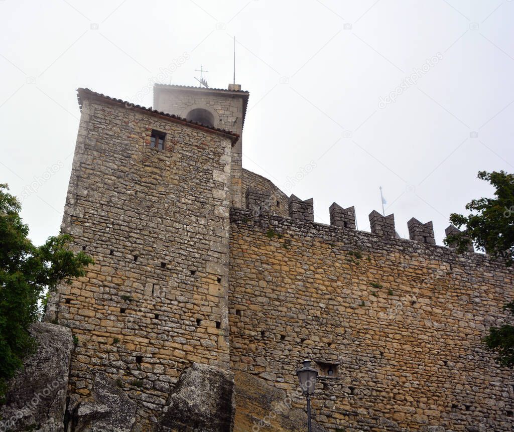 TOMAR, PORTUGAL  June 24, 2018:  View of the keep tower of the medieval castle built in the 12th century by the Templar Knights to secure the border against the Moors, in Tomar, Portugal 