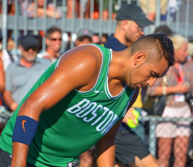 MONTREAL QUEBEC CANADA 08 06 2019: Nicholas Hilmy Kyrgios, Avustralyalı profesyonel tenis oyuncusu. Tenis Profesyonelleri Derneği ATP tarafından teklerde 27.