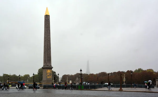 Obelisk Met Eiffeltoren Place Concorde Parijs September 2017 — Stockfoto