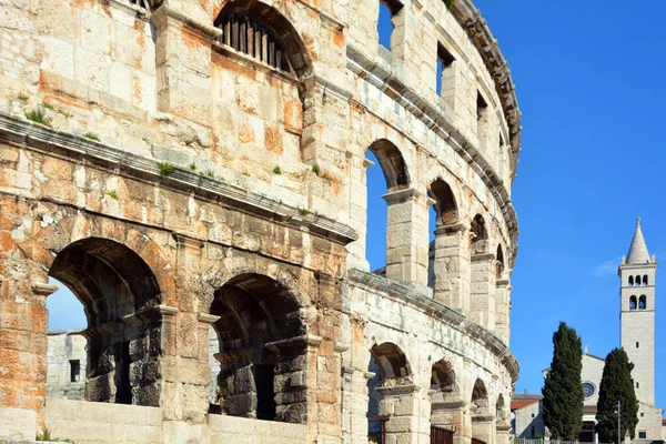 Detalhes Arquitetura Anfiteatro Romano Pula Croácia Uma Arena Semelhante Coliseu — Fotografia de Stock