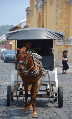 ANTIGUA GUATEMALA MAYIS 02 2016: La Antigua Guatemala 'da ulaşım araçları bulundu. Atlar ve arabalar şehirde dolaşmanın başka bir yoludur.. 