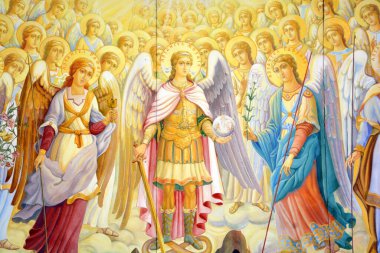 KIEV UKRAINE 09 04 17: Saint Michael Altın Kubbe Manastırı 'nın Duvarı, işleyen bir manastırdır. Manastır, Aziz Sophia Katedrali 'nin kuzeydoğusundaki Dinyeper Nehri' nin sağ kıyısında yer almaktadır.
