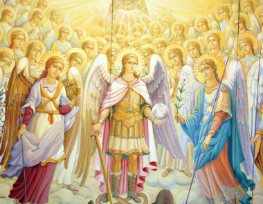 KIEV UKRAINE 09 04 17: Saint Michael Altın Kubbe Manastırı 'nın Duvarı, işleyen bir manastırdır. Manastır, Aziz Sophia Katedrali 'nin kuzeydoğusundaki Dinyeper Nehri' nin sağ kıyısında yer almaktadır.