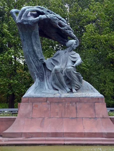 华沙警察09 Fryderyk Chopin Frederic Chopin Lazienki公园 皇家浴场 的纪念碑描绘了作曲家坐在由青铜制成的马索维式柳树雕像中 — 图库照片