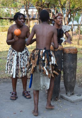Victoria Falls Zimbabwe 16 Ekim: 16 Ekim 2014 tarihinde Victoria Falls Zimbabwe 'de Ndebele kabilesinden bir sokak dansçısı. Kuzey Ndebele halkı mendebele, Güney Afrika' da yer alan bir Bantu ulusu ve etnik gruptur.  