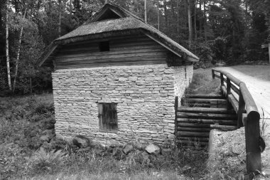 PUHALEPA PARISH HIIUMAA ESTONIA 09 19 2015: Old cottage-cum threshing barnon island of Hiimaa, Estonia.The old medieval village and huts