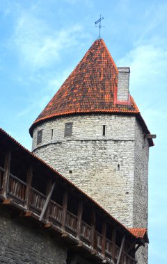 TALLINN, ESTONYA - 18 Eylül 2015: Nunna, Sauna ve Kuldjala kulelerini birbirine bağlayan duvar ortaçağ istilacılarına karşı kasabayı koruduğunu hayal etmek için.