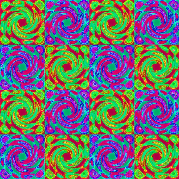 黄蓝色紫色和绿色无缝迷幻螺旋分形图案背景 — 图库照片