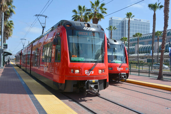 SAN DIEGO CA USA APRIL 8: The San Diego Trolley is a light rail system operating in the metropolitan area of San Diego on april 8 2015. It is known colloquially as The Trolley.