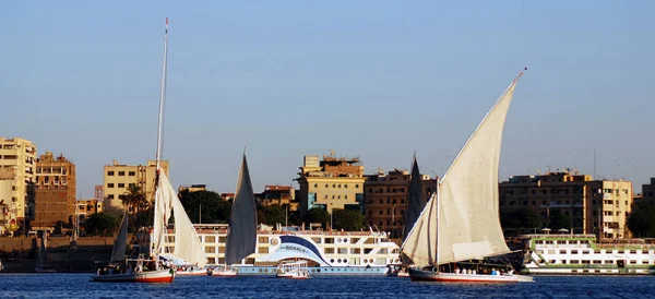 ASWAN EGYPT 11 25 08: Felucca Aswan, Mısır yakınlarındaki Nil nehri üzerinde yelken açıyor. Bugün görülen Feluccalar MÖ 3350 yılında icat edildi.