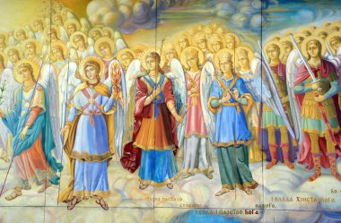 KIEV UKRAINE 09 04 17: Saint Michael Altın Kubbe Manastırı 'nın Duvarı, işleyen bir manastırdır. Manastır, Aziz Sophia Katedrali 'nin kuzeydoğusundaki Dinyeper Nehri' nin sağ kıyısında yer almaktadır.