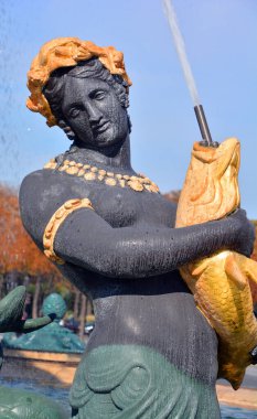 PARIS FRANCE OCTOBER 17: Concorde Meydanı 'ndaki Nehir Ticaret ve Seyrüsefer Pınarı (1840) detayları. Paris, Fransa 17 Ekim 2014 Paris, Fransa.