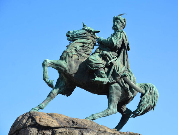 KIEV UKRAINE 09 04 17: Bohdan Khmelnytsky Monument dedicated to the Hetman of Zaporizhian Host Bohdan Khmelnytsky. It is one of the oldest sculptural monuments of Sophia Square a city's symbols.