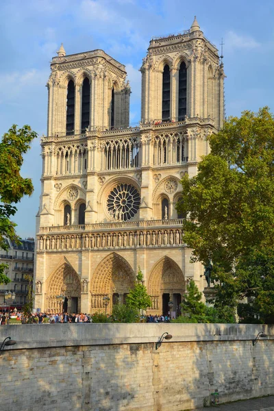 Vue Cathédrale Notre Dame Paris Coucher Soleil Une Cathédrale Gothique — Photo